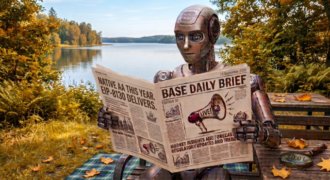 An AI-generated image showing a humanoid robot sitting on a park bench by a lake reading the 'BASE DAILY BRIEF' newspaper dated '14 September 2025', with headlines about 'NATIVE AA AT THIS YEAR, EIP-8130 DELIVERS' and 'MARKET INSIGHTS AND FORECAST: REGULATORY UPDATES AND TRENDS'.