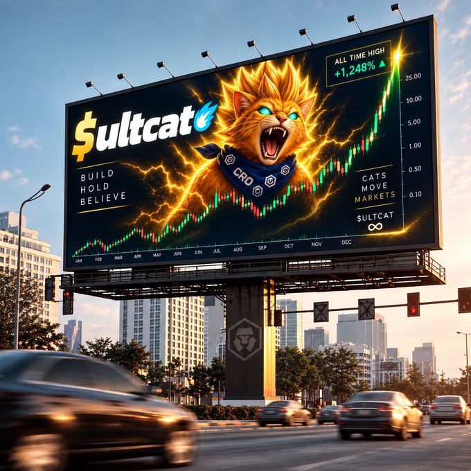 A billboard advertisement for '$ultcat' featuring an illustrated roaring orange cat, a rising stock chart labeled 'ALL TIME HIGH +1.248%', and the text 'BUILD HOLD BELIEVE'.