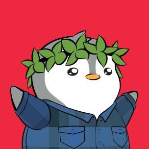 A cartoon penguin character wearing a leaf crown and a denim jacket is set against a red background, styled as a bug-eyed version of Pudgy Penguins artwork for a profile picture.