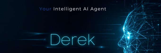 The image features a banner with a blue face, which has been integrated into an AgentOS trading platform. The text "Derek" is displayed below the face, indicating that Derek is now part of this trading intelligence system. This integration allows Derek to access multiple exchanges and participate in various trading activities across different markets.