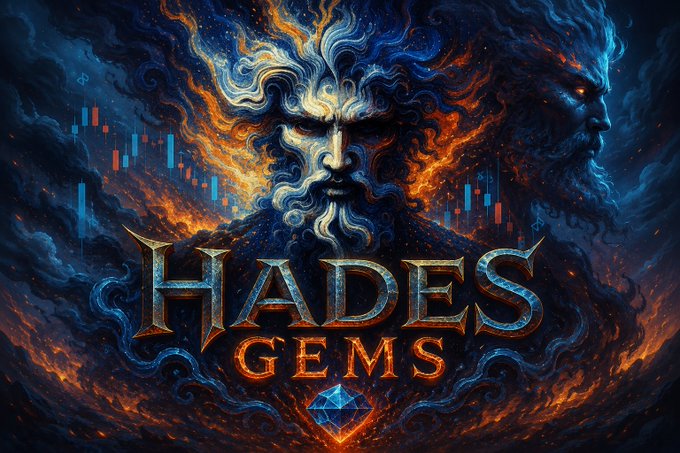 Promotional banner featuring the text "HADES GEMS" with stylized bearded figures composed of fiery and watery elements against a dark background. The accompanying post references onchain trading opportunities and lists gem tokens, with the image serving as branding for the "Hades Gems" series.
