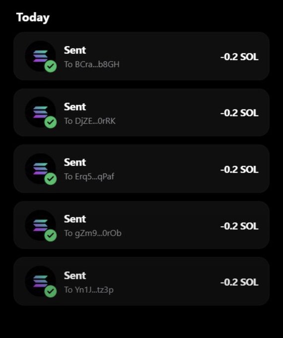 The image displays a transaction history screen showing five successful SOL transfers of "-0.2 SOL" each, sent to different wallet addresses (BCra...B8GH, DjZE...0rRk, Erq5...qPaf, gZm9...0rOb, and Yn1J...tz3p) under a "Today" header. This appears to be evidence of the user's participation in the "$SOL giveaway" claim mentioned in the post, where 0.2 SOL was distributed to the first 2,300 eligible wallet addresses.