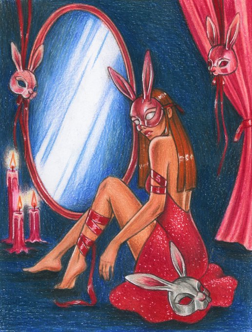 An artistic illustration depicting a woman in a red dress and bunny mask sitting in front of an oval mirror, with floating candles and additional bunny masks against a dark blue background.