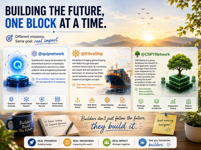 A marketing banner titled 'BUILDING THE FUTURE, ONE BLOCK AT A TIME' highlighting projects @quipnetwork, @EthraShip, and @CNPYNetwork with their respective missions and tags like #RealProgress.