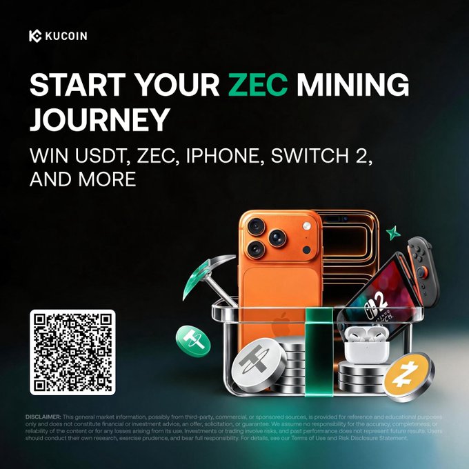 A KuCoin promotional advertisement reading 'START YOUR ZEC MINING JOURNEY' offering prizes like USDT, ZEC, iPhone, and Switch 2, with a QR code.
