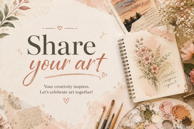 The image features a decorative graphic with the text "Share your art" and "Your creativity inspires. Let's celebrate art together!" surrounded by floral watercolor illustrations, a sketchbook, paint palette, and brushes, visually inviting artists to showcase their work—aligning with the post's request to collect new artwork under 5 ꜩ.