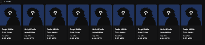 A row of nine identical NFT listings titled 'Script Kiddie' by Script Kiddie, showing a 'Top offer' of '0.03 WETH' beneath silhouetted profile icons with question marks.
