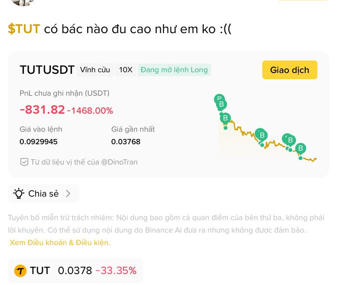 A Binance trading screenshot showing a humorous Vietnamese post asking '$TUT có bác nào đu cao như em ko :(( ', displaying a TUTUSDT perpetual futures position with an unrealized PnL of -831.82 USDT (-1468.00%) from a long position, with entry price 0.0929945 and current price 0.03768.
