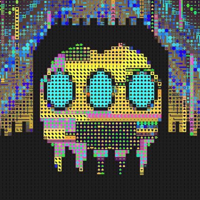 A pixelated, colorful robot-like "colossus" figure with large blue eyes and a yellow body stands against a dark, static-filled background. The image represents the user's new profile picture (PFP), replacing the previously featured Murakami Skull Flower, as the mechanical creature better fits the PFP aesthetic the user prefers.