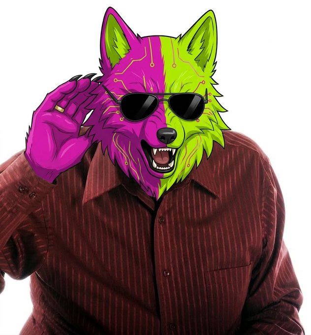 A vibrant anthropomorphic wolf character with a striking magenta and neon green cybernetic-style face, wearing black sunglasses and a maroon striped button-up shirt, adjusts his shades with a confident smirk. The colorful, crypto-friendly wolf mascot embodies the playful "GM" (Good Morning) vibe and the $PACK token referenced in the post, capturing the energetic, community-driven spirit of a Saturday morning crypto greeting.