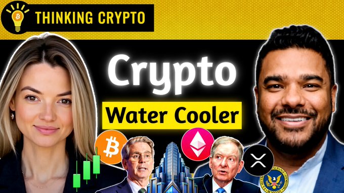 This YouTube thumbnail for "Thinking Crypto" features hosts Tony and Amanda alongside the "Crypto Water Cooler" title, with images of two men (likely SEC and CFTC officials) surrounded by cryptocurrency logos including Bitcoin (BTC), Ethereum (ETH), XRP, and the U.S. Treasury seal. The thumbnail visually represents the episode's discussion topics about Bitcoin's recent rally, crypto bull market speculation, and government regulatory guidance from financial authorities.