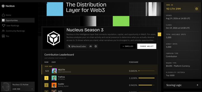 A screenshot of the Nucleus platform interface titled 'The Distribution Layer for Web3' showing the 'Nucleus Season 3' opportunity, with a contribution leaderboard ranking users by percentage shares.