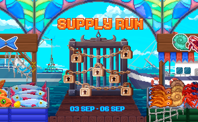 Pixel art game screen showing 'SUPPLY RUN' with dates '03 SEP - 06 SEP', featuring a harbor market scene.