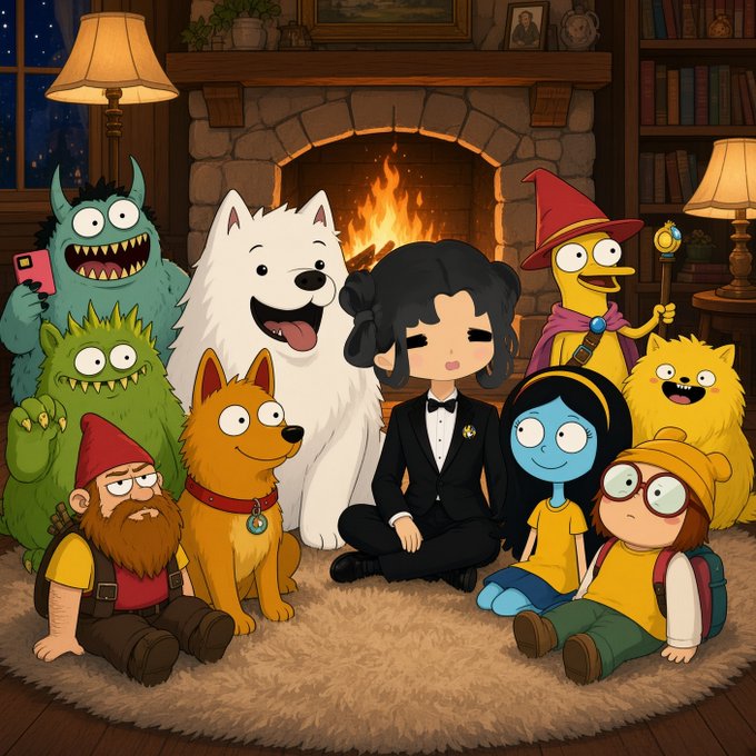 A diverse group of cartoon characters—including monsters, dogs, a gnome, and a person in a tuxedo—gather around a cozy fireplace, likely promoting the Fuwa x @nftquants partnership NFT collaboration mentioned in the post. The whimsical, family-friendly art style reflects the playful "Quants" NFT collection being announced as part of the Quant AI ecosystem.