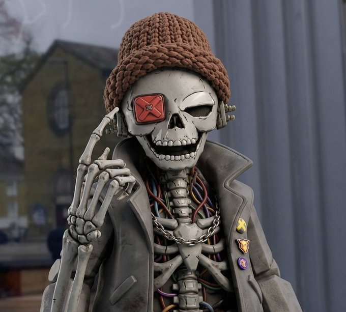 A 3D-rendered skeleton character wearing a brown knit beanie and gray leather jacket, featuring a red patch with an X over one eye and various colored wires visible in the ribcage.