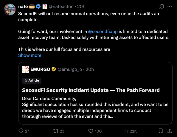 A tweet by Nate (@nateacaton) quoting EMURGO's announcement that SecondFi will not resume normal operations post-audit, with EMURGO (@emurgo_io) shifting its involvement to a dedicated asset recovery team focused solely on returning assets to affected users. The post notes this effectively ends Yoroi/SecondFi's normal operations, urging Cardano users