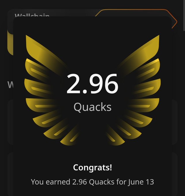 In this image, there's an open photo of a phone screen with an award displayed that reads "Congratulations! You earned 2.96 Quacks for June 13." The award has two golden wings as a representation of its recognition. The time on display is 2.49 PM and it appears to be during the workday. This photo could possibly be related to a leaderboard or an achievement on social media.