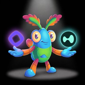 A blue cartoon lobster-like creature holds two glowing symbols - a purple diamond (Polygon/MATIC) and a teal token icon - against a dark background.