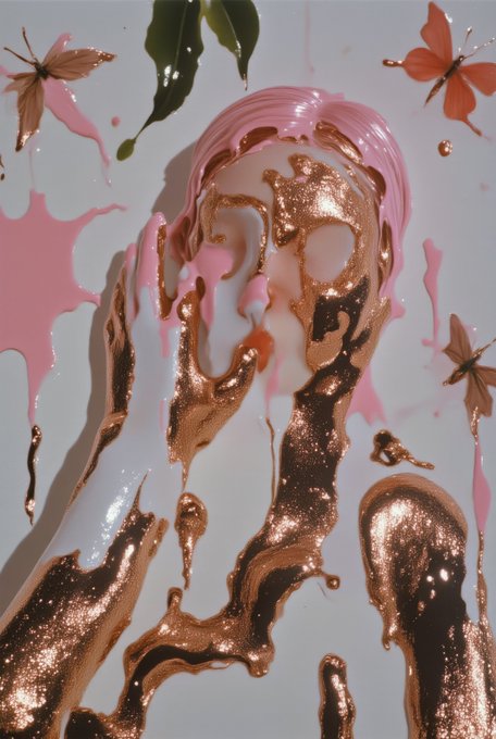 An artistic 3D composition featuring pink and copper-gold liquid splashes and swirling patterns forming an abstract face, accented with leaf and floral elements.