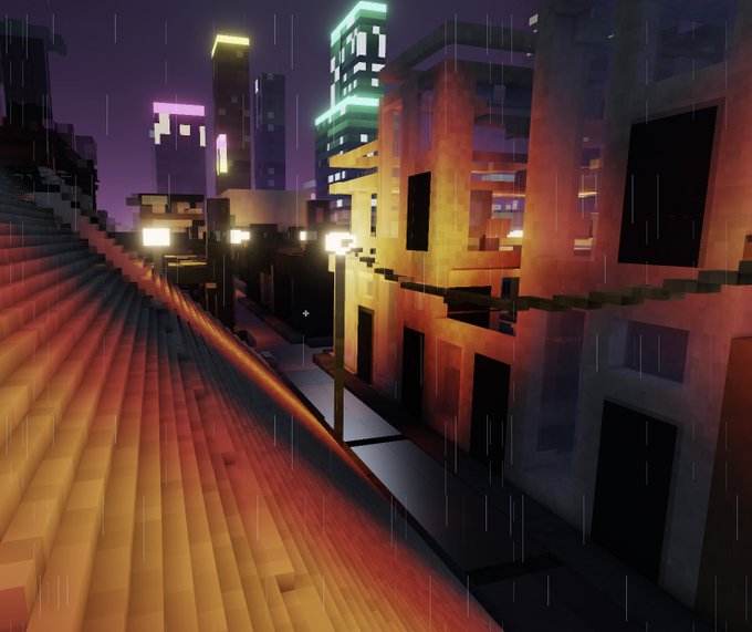 A Minecraft screenshot showing a rainy night scene with blocky buildings illuminated by warm lights, neon signs in the distance, and a staircase in the foreground.