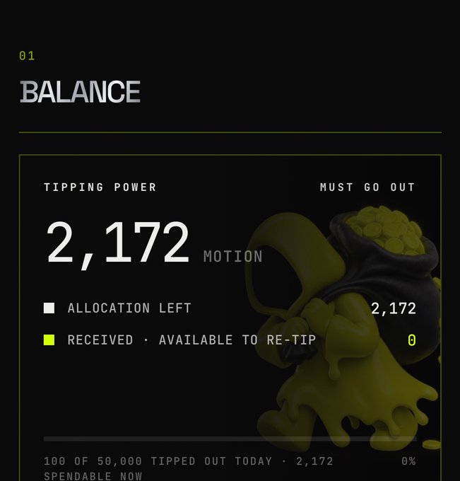 A dark-themed dashboard titled '01 BALANCE' displays 'TIPPING POWER' of '2,172 MOTION' with allocation stats and a graphic of a figure carrying a sack of yellow coins.