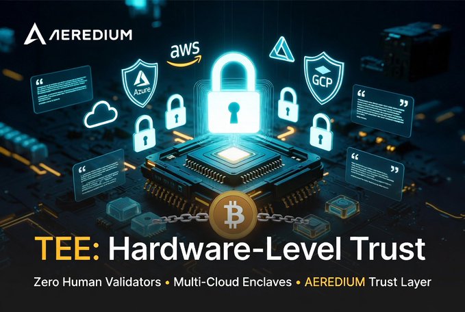 The image features a poster for a technology company called AEREDIUM that specializes in hardware-level trust. The poster showcases various elements related to their services, such as a CPU with a lock symbolizing security, a cloud server, and a Bitcoin block. The text on the poster highlights the importance of human validators and multi-cloud enclaves for secure data storage and management.