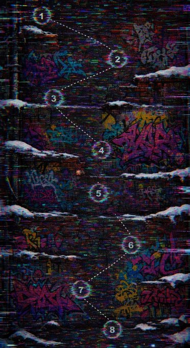 A dark, glitch-art style image shows a brick wall covered in graffiti, with snow-capped ledges and numbered glowing markers (1-8) connected by dotted lines forming a zigzag pattern down the wall.