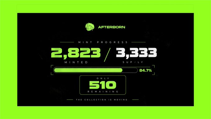 A digital progress graphic for 'AFTERBORN' NFT mint showing '2,823 / 3,333 MINTED SUPPLY' at 84.7% with 'ONLY 510 REMAINING'.