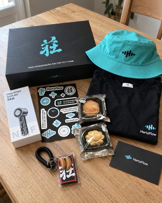A flat lay of branded merchandise on a wooden table, including a black 'HertzFlow' box with 'MUJI-LIKE SOMEONE DOING JUST FOR YOU TO WORK', a teal bucket hat, a black t-shirt, stickers, a portable cooling fan, mooncakes, a keychain, and a business card.