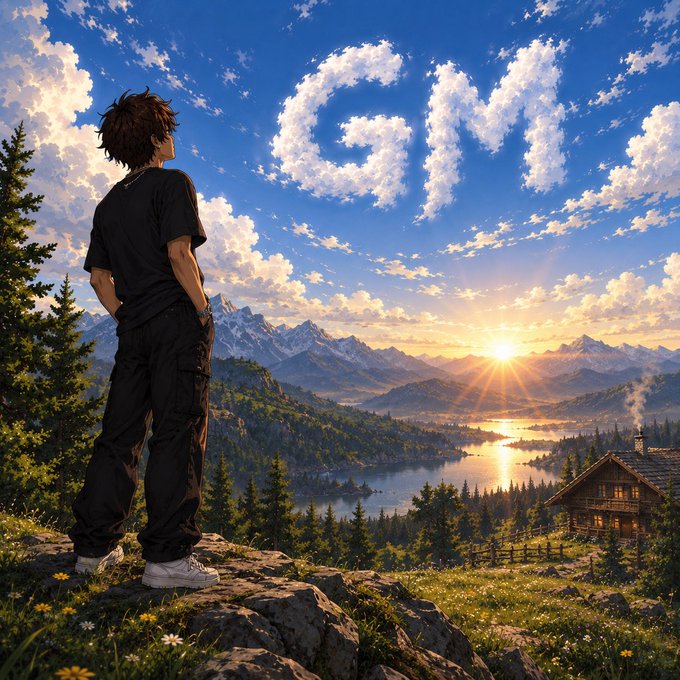 A young man in dark clothing stands atop a rocky overlook, gazing out at a breathtaking mountain landscape where the word "GM" is written in the clouds above a sunset-drenched valley and lake.