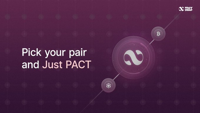 A purple gradient promotional image for 'PACT SWAP' featuring the text 'Pick your pair and Just PACT' alongside an infinity symbol icon connected to cryptocurrency tokens.