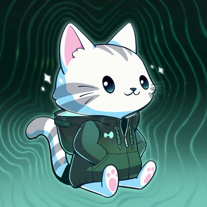 A cute cartoon white kitten with blue stripes sits wearing a dark green hoodie, surrounded by sparkles and wavy teal background patterns, visually representing the playful "Hypurr" NFT collectibles referenced in the whitelist mint announcement.
