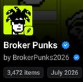 A verified OpenSea listing displays the "Broker Punks" NFT collection, featuring a pixelated icon of a character with spiky hair and sunglasses, showing 3,472 items with a "July 2026" date, corresponding to the announcement that the collection is now verified on OpenSea.