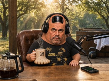 A digitally manipulated image showing a man with a comically large head wearing headphones and a t-shirt sitting at a table with a coffee mug and microphone.