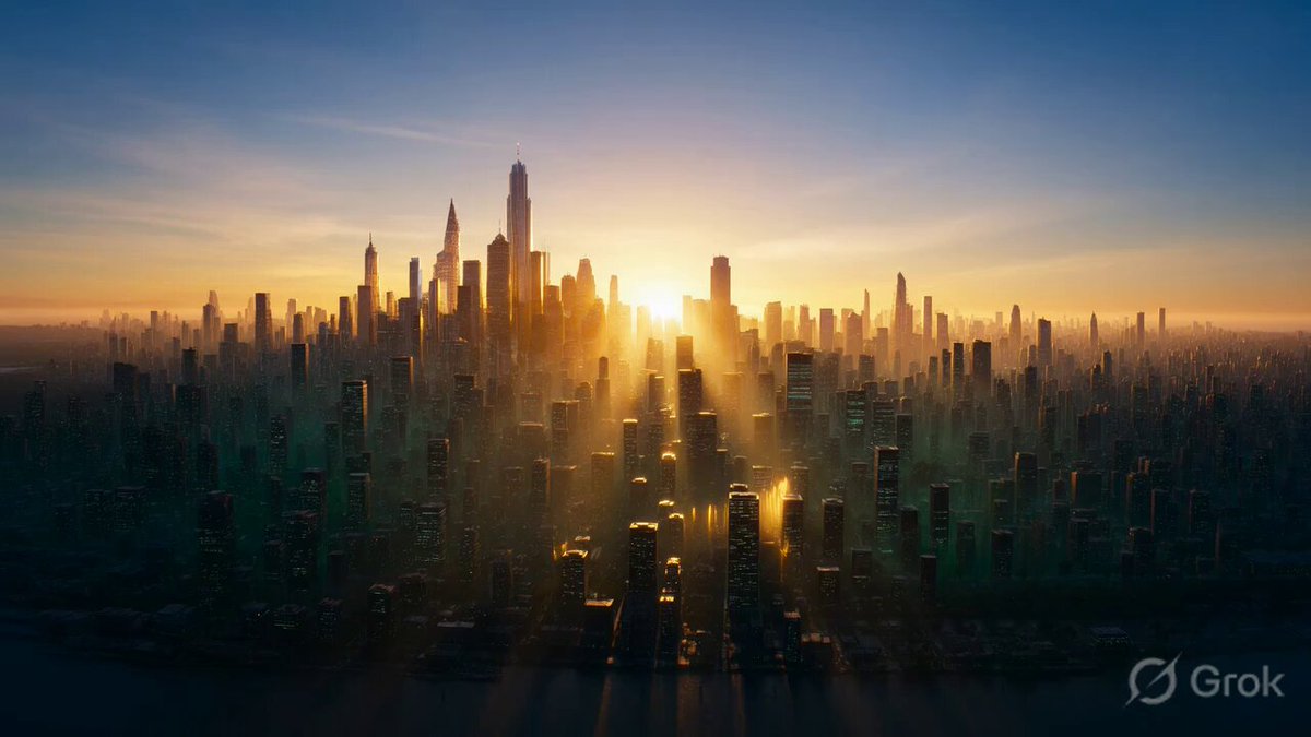 The image shows a city skyline at sunset, with the sun setting behind the buildings. The sky is filled with warm hues of orange and yellow as the sun sets over the cityscape. The photo appears to be taken from an aerial perspective, providing a bird's eye view of the city below.