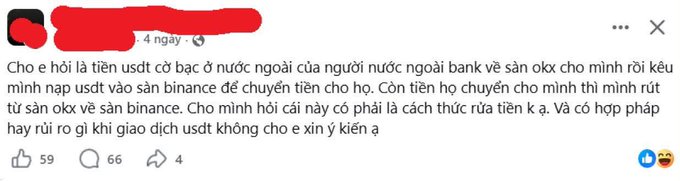 A Vietnamese Facebook post asking about a USDT-to-OKX transfer scheme for transferring money for foreign clients via Binance, asking if this is a money laundering method.