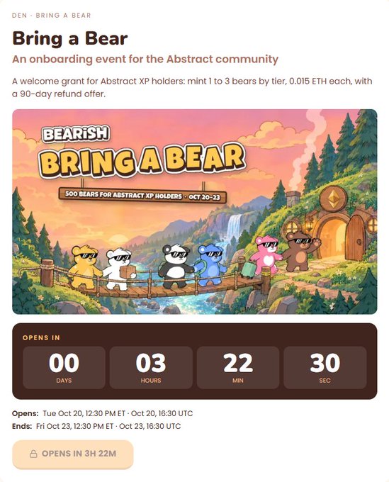 A promotional page for “Bring a Bear,” an onboarding event for Abstract XP holders offering 1–3 bears at 0.015 ETH each with a 90-day refund offer. The artwork advertises “500 Bears for Abstract XP Holders · Oct 20–22,” alongside a countdown and dates for the mint.