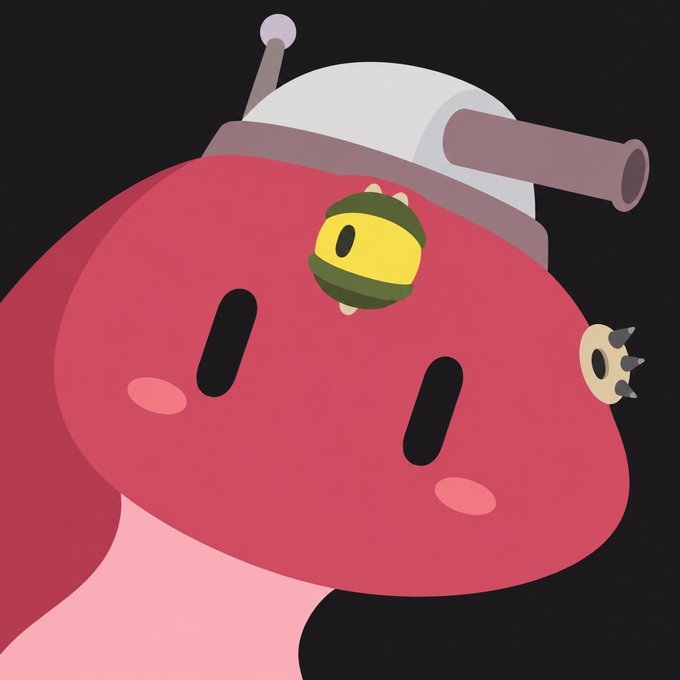 A digital illustration features a pink, blob-like creature with small pink cheeks, wearing a white cap with an antenna and small spiked details on its face.