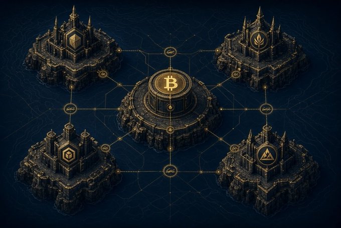 A digital illustration depicting a Bitcoin central hub connected by glowing lines to four surrounding fortress-like structures, each bearing different cryptocurrency symbols, set against a dark, textured background.