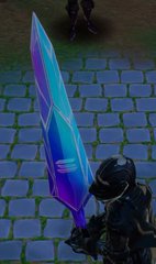 A cosplayer wields a large, iridescent purple and blue sword against a cobblestone backdrop in what appears to be a stylized game environment. The image serves as an early teaser preview showcasing the developer's game before the planned addition of more advanced features like pet systems, spells, and gunplay.