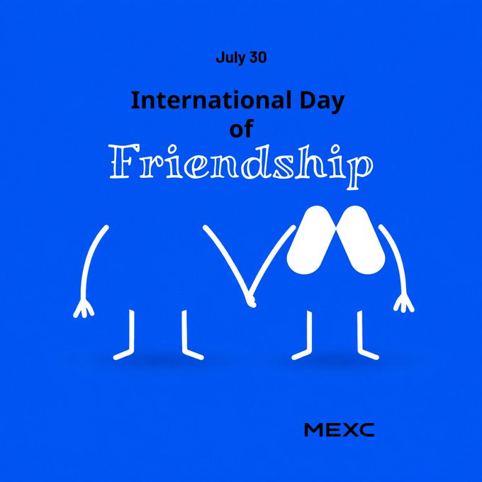 A blue poster celebrating the "International Day of Friendship" on July 30, featuring minimalist white stick-figure illustrations of two friends embracing, branded with the "MEXC" logo in the bottom right corner to tie into their friendship-themed giveaway promotion.