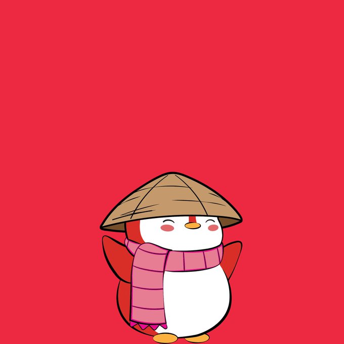 A cartoon illustration of a cute penguin wearing a straw conical hat and a pink striped scarf against a solid red background.