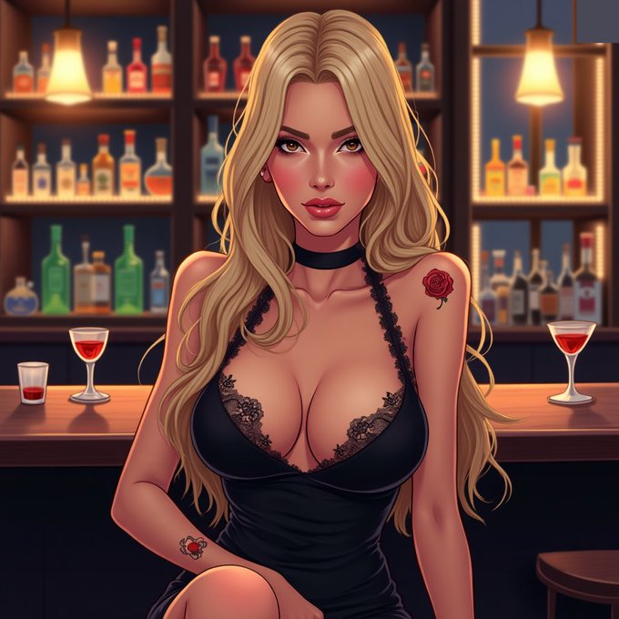 A stylized digital illustration depicts a blonde woman with green eyes wearing a black lace-trimmed dress and a choker, sitting at a bar with cocktail glasses and shelves of liquor bottles behind her.