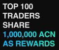 The image is a promotional graphic featuring bold white text on a black background announcing "TOP 100 TRADERS SHARE 1,000,000 ACN AS REWARDS." The "ACN" is highlighted in cyan, suggesting a trading competition or reward program related to a cryptocurrency token. This aligns with the post about an upcoming airdrop from AITECH and VisionMakers, where ACN could be tied to their newly integrated product line and ecosystem incentives.