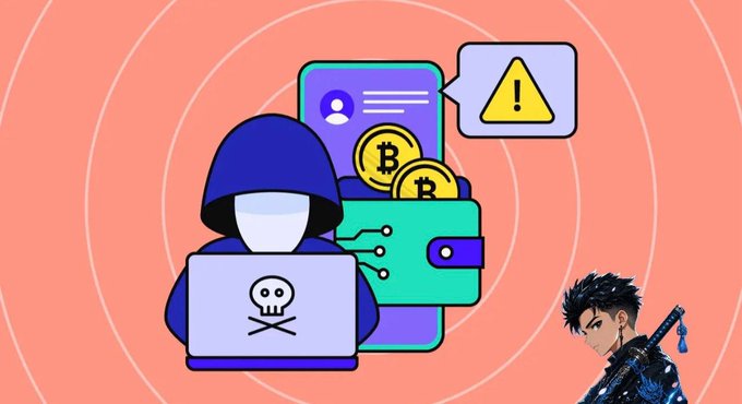 An illustration depicting a hooded hacker figure with a skull laptop next to a wallet containing Bitcoin and a warning alert icon, with an anime character in the corner.