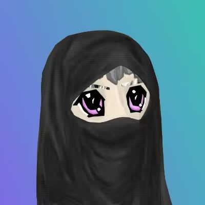 A stylized anime character with striking purple eyes peeks out from a black hijab, wishing a "GM CT happy new week."