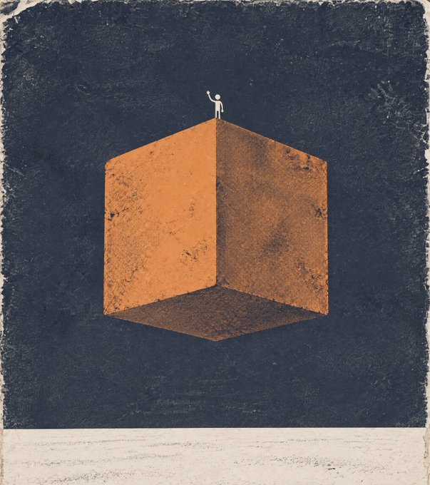 A minimalist illustration depicting a small figure standing atop a large, weathered orange cube against a dark, textured background.