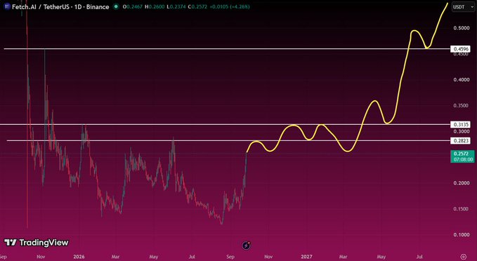A TradingView chart for Fetch.AI / TetherUS (FET.AI / TetherUS) on Binance, showing a long-term price trend with a yellow moving average line trending sharply upward, currently priced around $0.2572 USDT.
