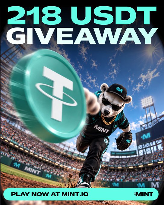An advertisement poster reading '218 USDT GIVEAWAY' featuring an anthropomorphic polar bear in a baseball uniform throwing a Tether (USDT) coin, with text 'PLAY NOW AT MINT.IO' and 'MINT' branding.
