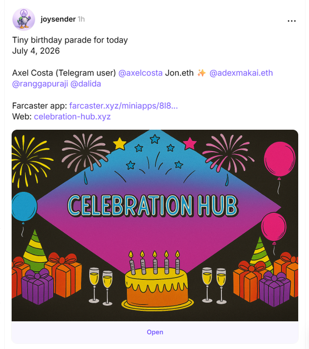A social media post by 'joysender' announcing a tiny birthday parade for July 4, 2026, featuring a vibrant 'CELEBRATION HUB' graphic with balloons, fireworks, gifts, and a birthday cake.